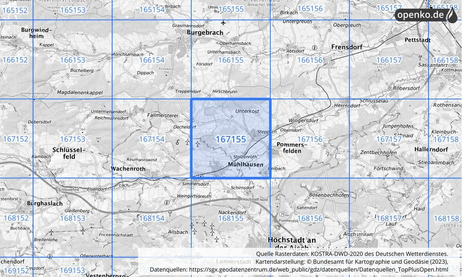 Übersichtskarte des KOSTRA-DWD-2020-Rasterfeldes Nr. 167155