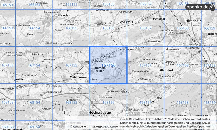 Übersichtskarte des KOSTRA-DWD-2020-Rasterfeldes Nr. 167156