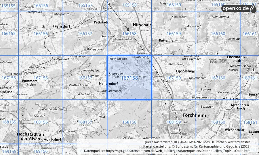 Übersichtskarte des KOSTRA-DWD-2020-Rasterfeldes Nr. 167158