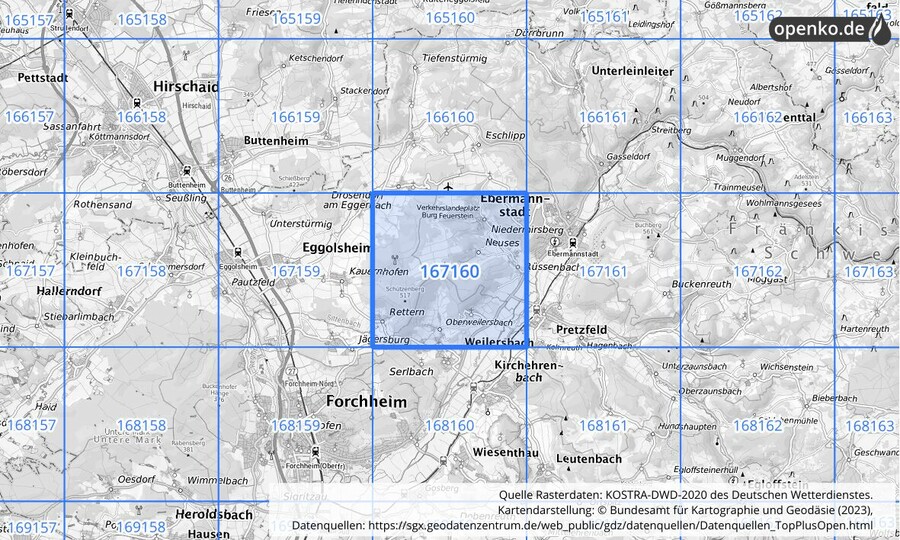 Übersichtskarte des KOSTRA-DWD-2020-Rasterfeldes Nr. 167160