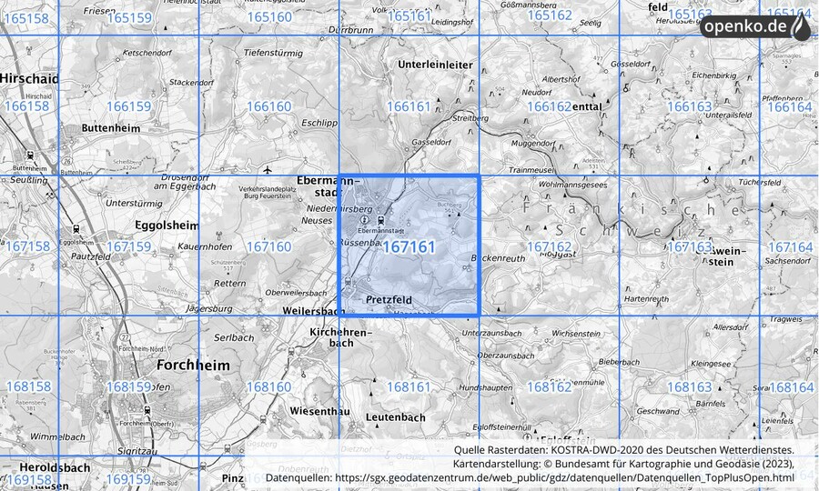 Übersichtskarte des KOSTRA-DWD-2020-Rasterfeldes Nr. 167161