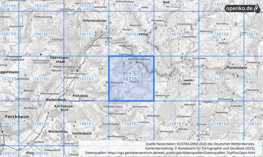 Übersichtskarte des KOSTRA-DWD-2020-Rasterfeldes Nr. 167162