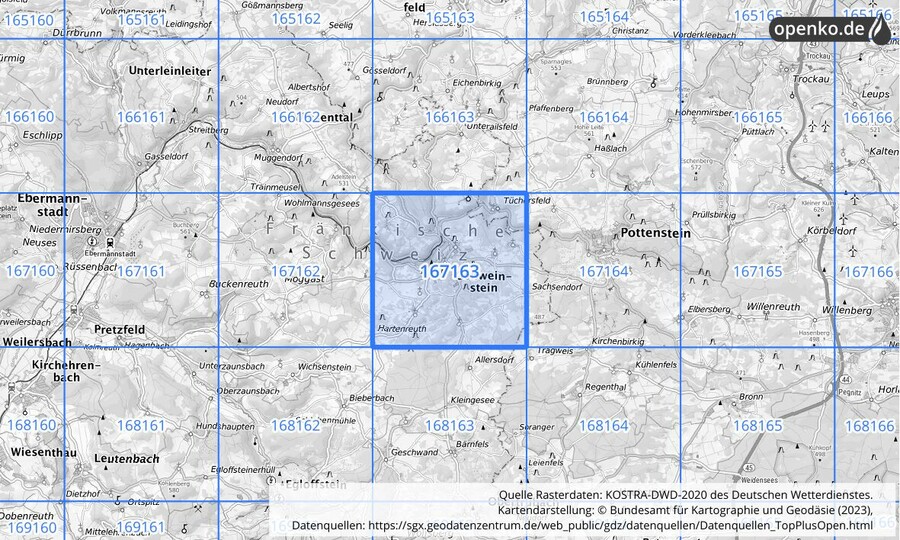 Übersichtskarte des KOSTRA-DWD-2020-Rasterfeldes Nr. 167163