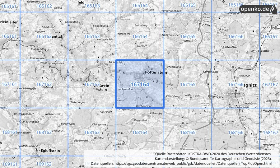 Übersichtskarte des KOSTRA-DWD-2020-Rasterfeldes Nr. 167164