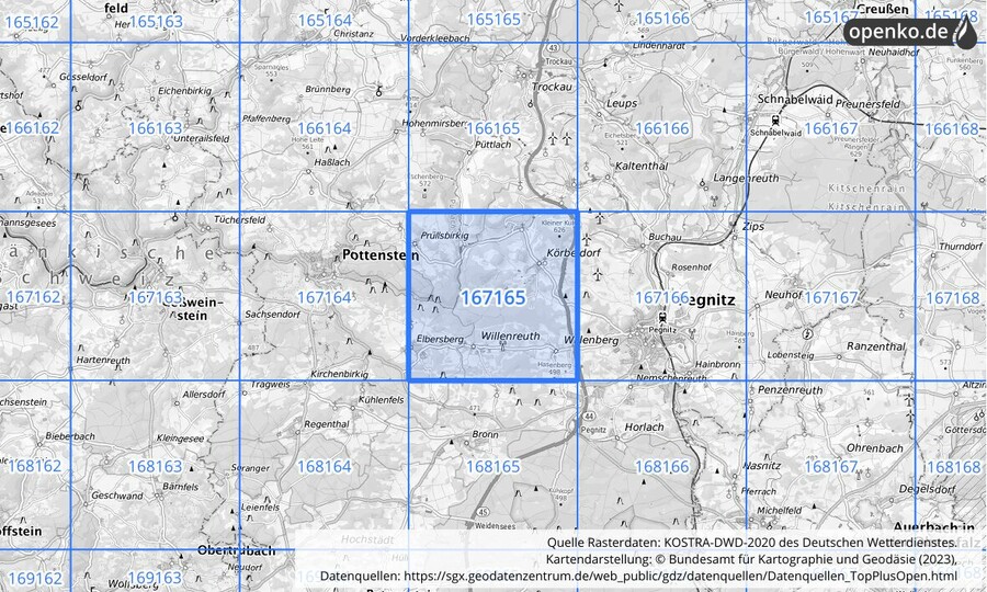 Übersichtskarte des KOSTRA-DWD-2020-Rasterfeldes Nr. 167165
