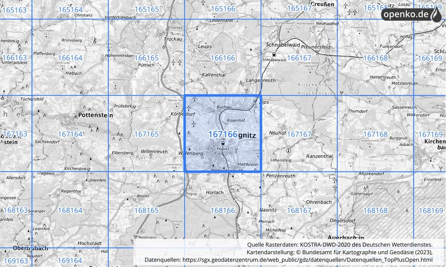 Übersichtskarte des KOSTRA-DWD-2020-Rasterfeldes Nr. 167166