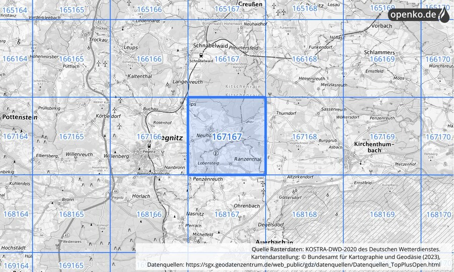Übersichtskarte des KOSTRA-DWD-2020-Rasterfeldes Nr. 167167