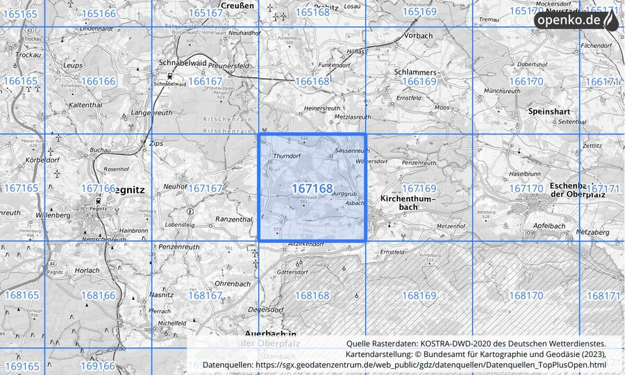 Übersichtskarte des KOSTRA-DWD-2020-Rasterfeldes Nr. 167168