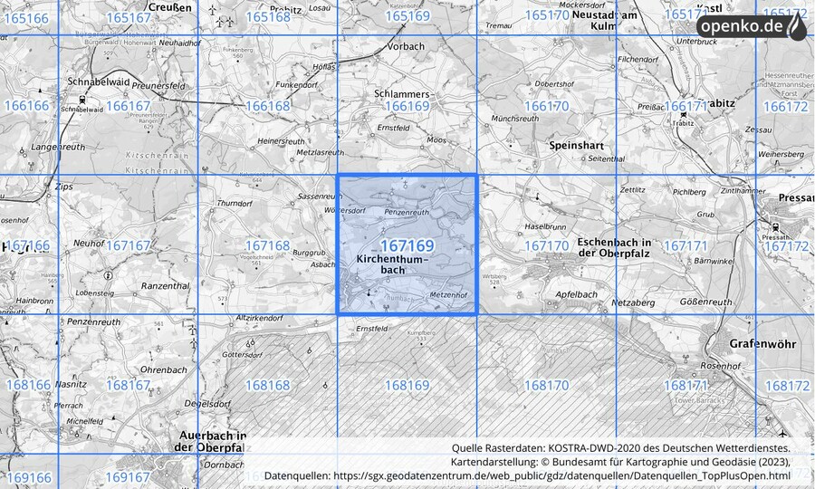 Übersichtskarte des KOSTRA-DWD-2020-Rasterfeldes Nr. 167169