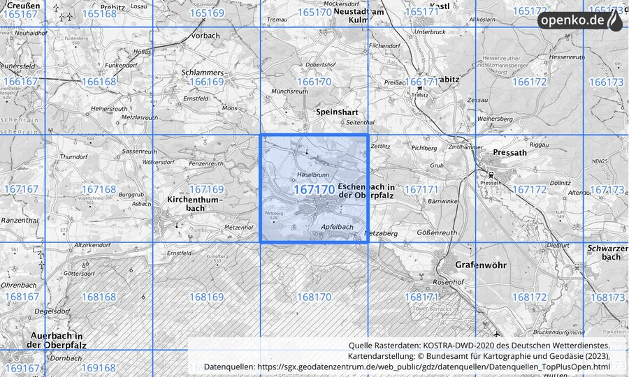 Übersichtskarte des KOSTRA-DWD-2020-Rasterfeldes Nr. 167170