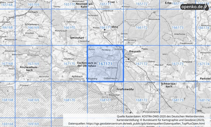 Übersichtskarte des KOSTRA-DWD-2020-Rasterfeldes Nr. 167171