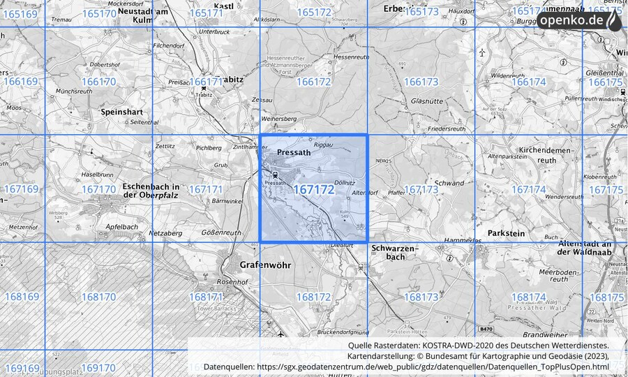 Übersichtskarte des KOSTRA-DWD-2020-Rasterfeldes Nr. 167172