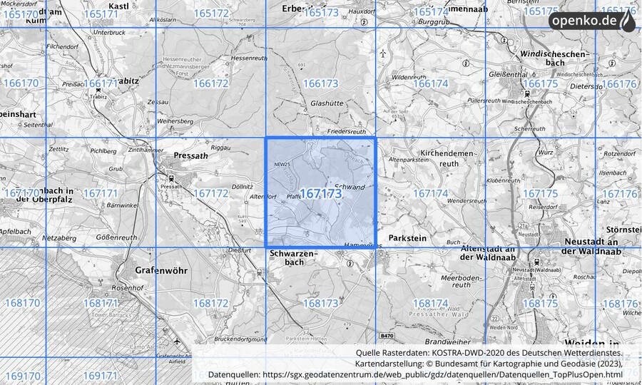 Übersichtskarte des KOSTRA-DWD-2020-Rasterfeldes Nr. 167173