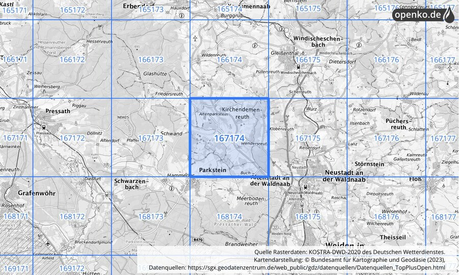 Übersichtskarte des KOSTRA-DWD-2020-Rasterfeldes Nr. 167174