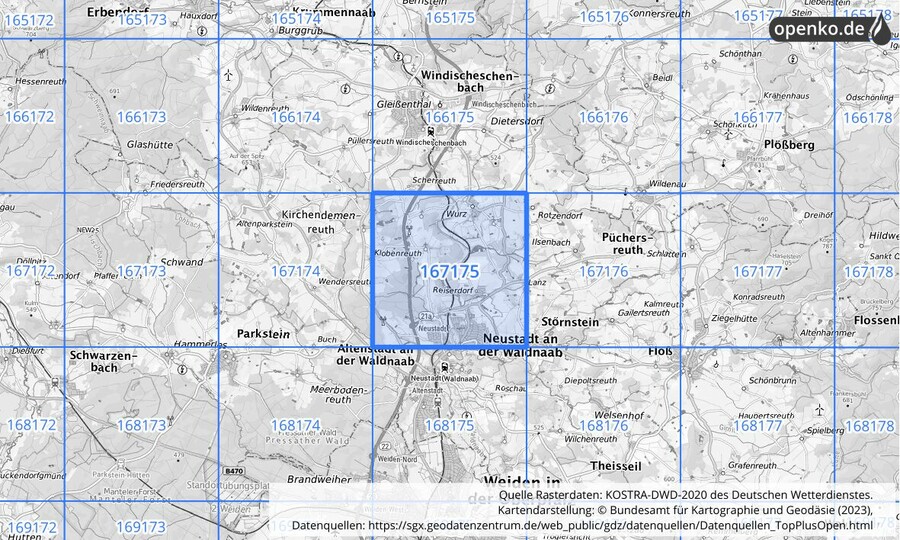 Übersichtskarte des KOSTRA-DWD-2020-Rasterfeldes Nr. 167175