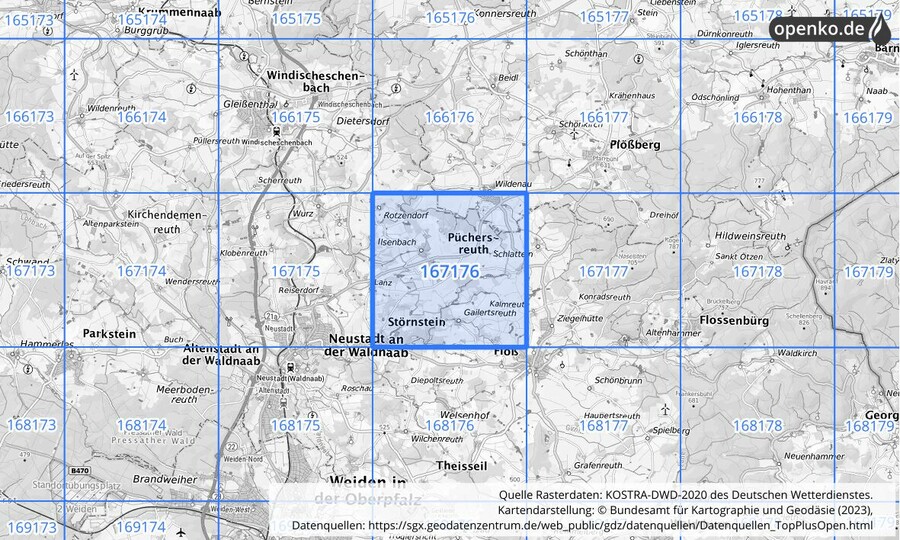 Übersichtskarte des KOSTRA-DWD-2020-Rasterfeldes Nr. 167176