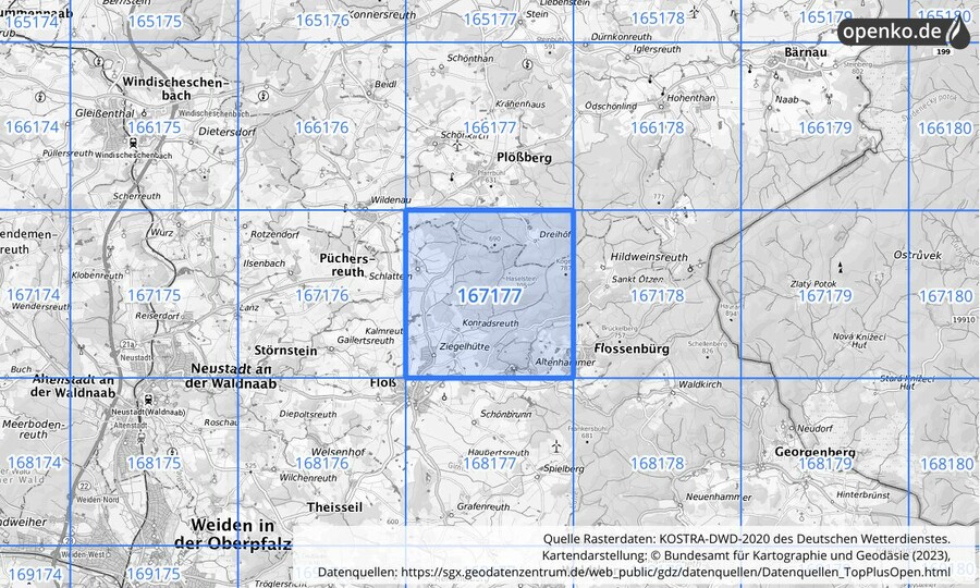 Übersichtskarte des KOSTRA-DWD-2020-Rasterfeldes Nr. 167177