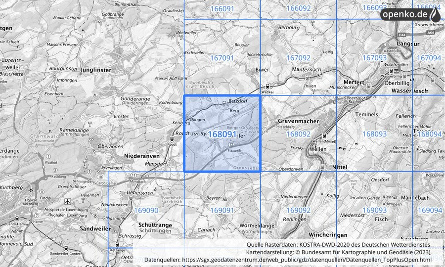 Übersichtskarte des KOSTRA-DWD-2020-Rasterfeldes Nr. 168091