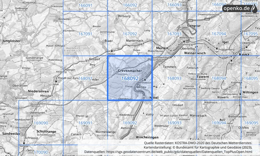 Übersichtskarte des KOSTRA-DWD-2020-Rasterfeldes Nr. 168092