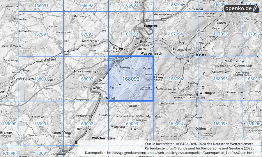 Übersichtskarte des KOSTRA-DWD-2020-Rasterfeldes Nr. 168093