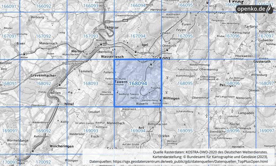 Übersichtskarte des KOSTRA-DWD-2020-Rasterfeldes Nr. 168094