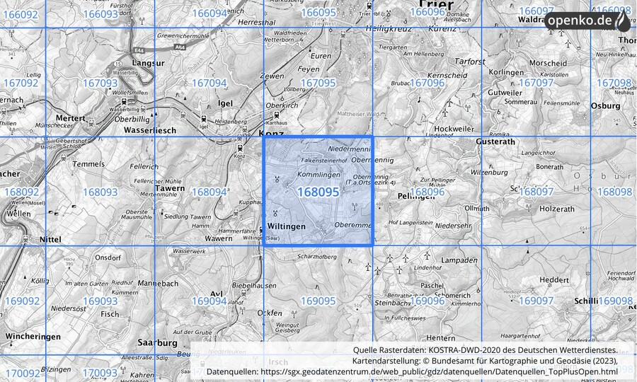 Übersichtskarte des KOSTRA-DWD-2020-Rasterfeldes Nr. 168095