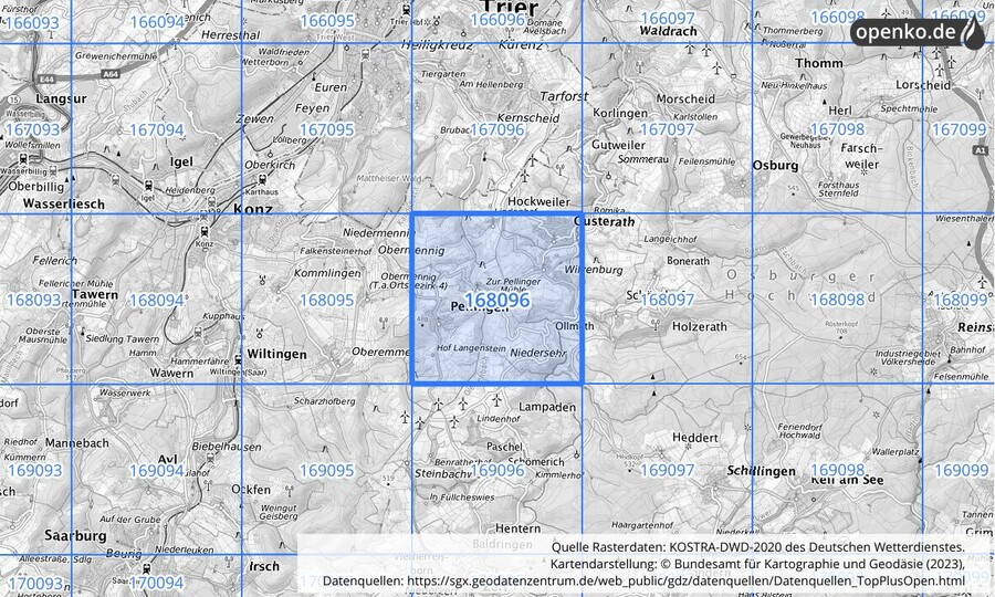 Übersichtskarte des KOSTRA-DWD-2020-Rasterfeldes Nr. 168096