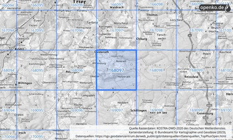 Übersichtskarte des KOSTRA-DWD-2020-Rasterfeldes Nr. 168097