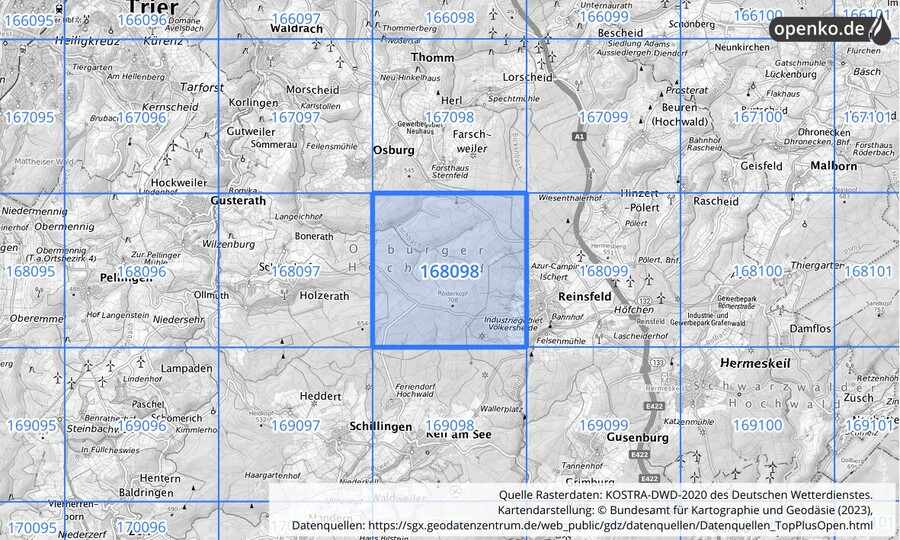 Übersichtskarte des KOSTRA-DWD-2020-Rasterfeldes Nr. 168098