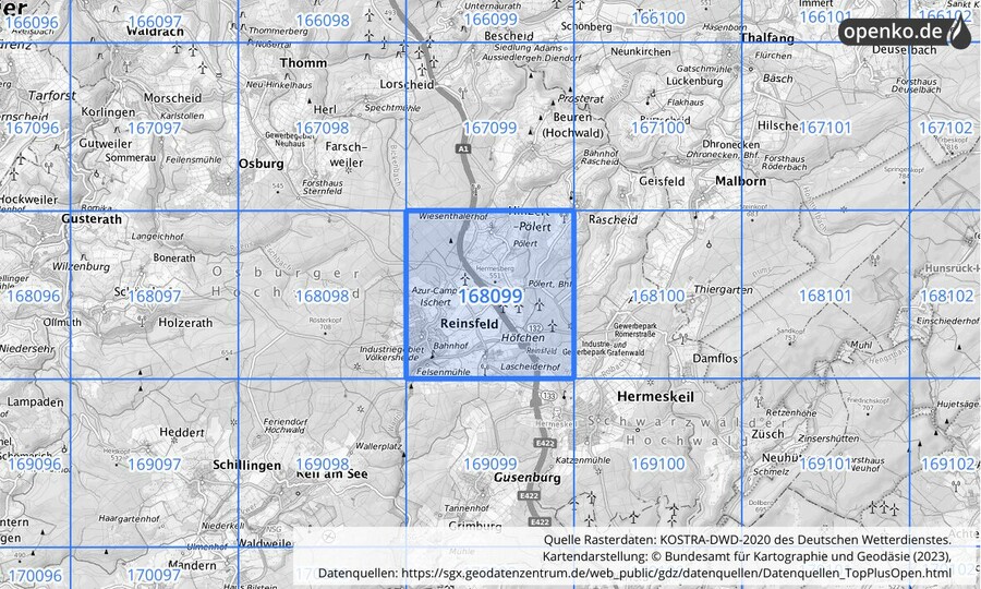 Übersichtskarte des KOSTRA-DWD-2020-Rasterfeldes Nr. 168099