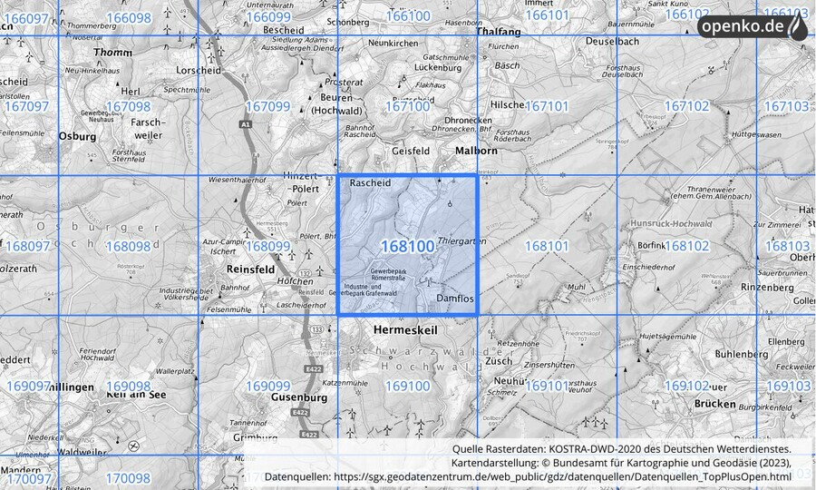 Übersichtskarte des KOSTRA-DWD-2020-Rasterfeldes Nr. 168100