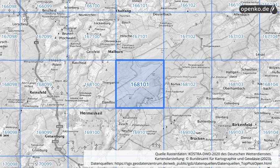 Übersichtskarte des KOSTRA-DWD-2020-Rasterfeldes Nr. 168101