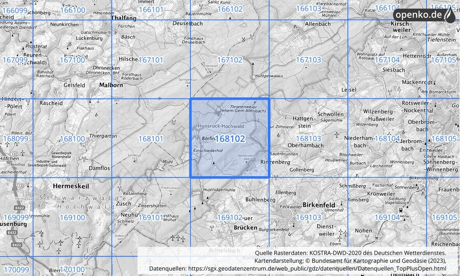 Übersichtskarte des KOSTRA-DWD-2020-Rasterfeldes Nr. 168102