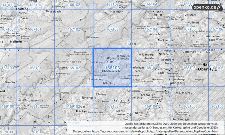 Übersichtskarte des KOSTRA-DWD-2020-Rasterfeldes Nr. 168103