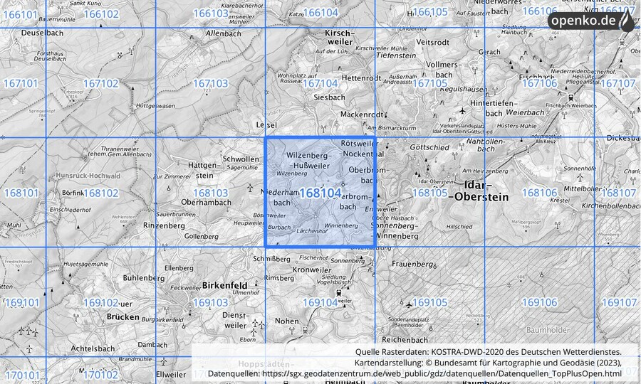 Übersichtskarte des KOSTRA-DWD-2020-Rasterfeldes Nr. 168104