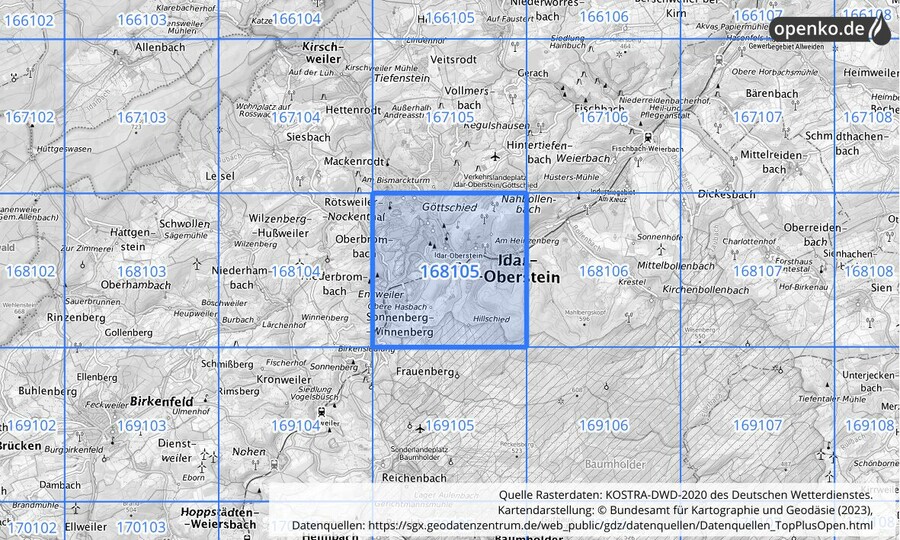 Übersichtskarte des KOSTRA-DWD-2020-Rasterfeldes Nr. 168105