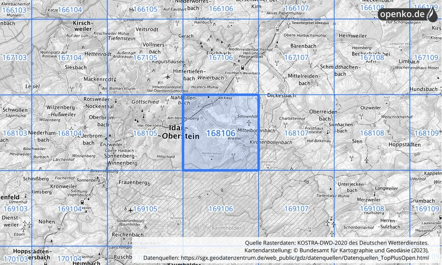 Übersichtskarte des KOSTRA-DWD-2020-Rasterfeldes Nr. 168106