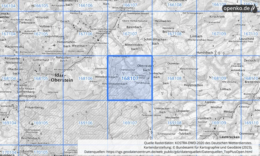 Übersichtskarte des KOSTRA-DWD-2020-Rasterfeldes Nr. 168107