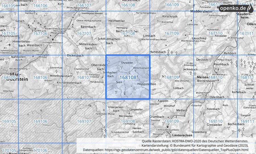 Übersichtskarte des KOSTRA-DWD-2020-Rasterfeldes Nr. 168108