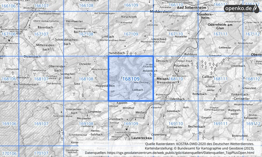 Übersichtskarte des KOSTRA-DWD-2020-Rasterfeldes Nr. 168109