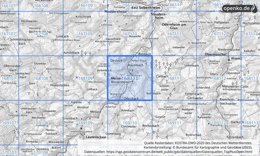 Übersichtskarte des KOSTRA-DWD-2020-Rasterfeldes Nr. 168110