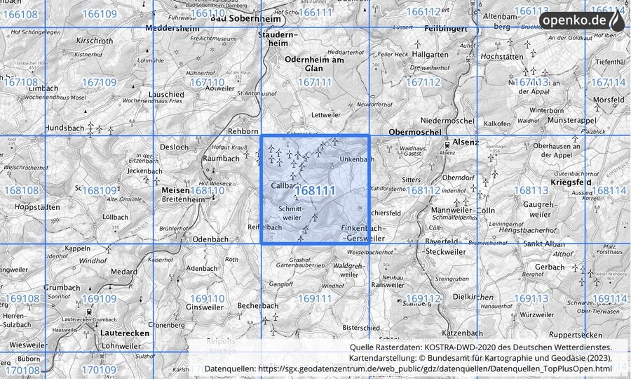 Übersichtskarte des KOSTRA-DWD-2020-Rasterfeldes Nr. 168111
