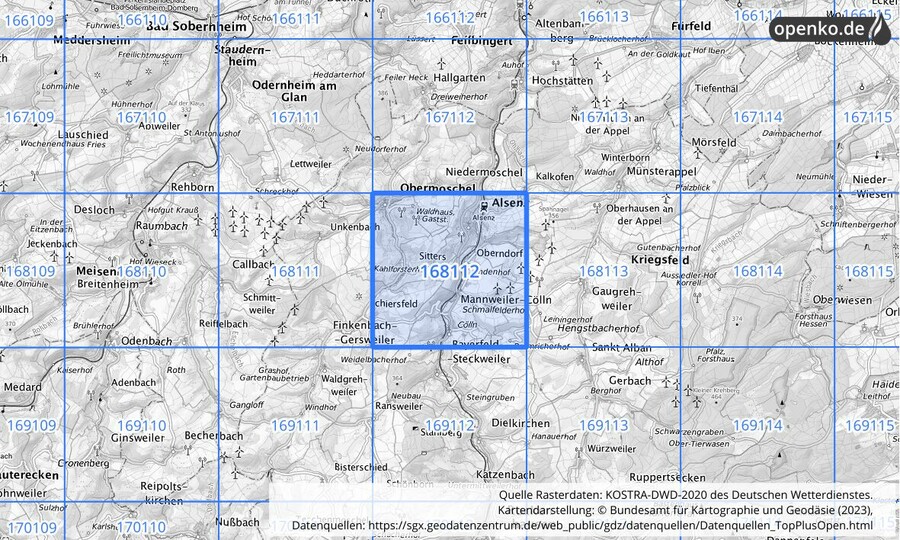 Übersichtskarte des KOSTRA-DWD-2020-Rasterfeldes Nr. 168112