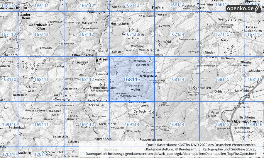 Übersichtskarte des KOSTRA-DWD-2020-Rasterfeldes Nr. 168113