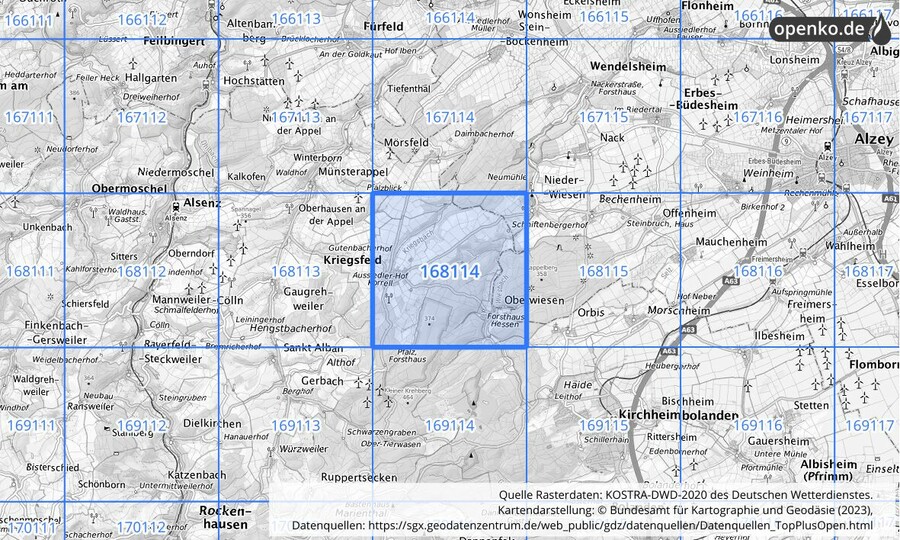 Übersichtskarte des KOSTRA-DWD-2020-Rasterfeldes Nr. 168114