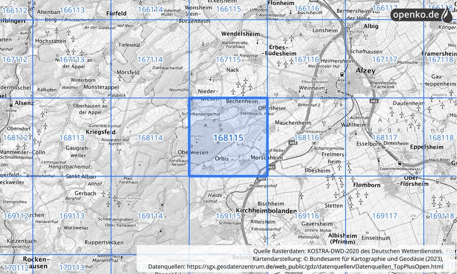 Übersichtskarte des KOSTRA-DWD-2020-Rasterfeldes Nr. 168115