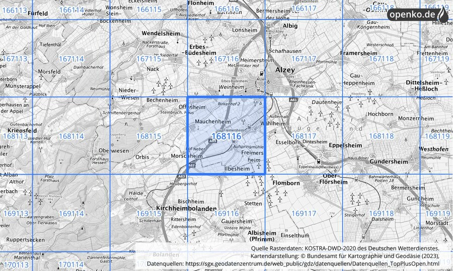 Übersichtskarte des KOSTRA-DWD-2020-Rasterfeldes Nr. 168116