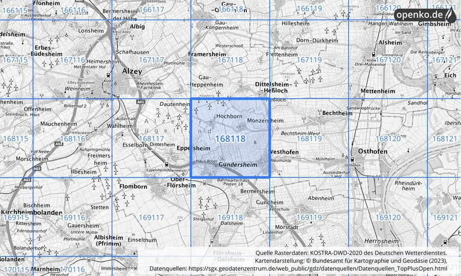 Übersichtskarte des KOSTRA-DWD-2020-Rasterfeldes Nr. 168118