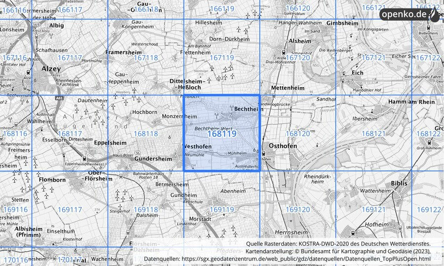 Übersichtskarte des KOSTRA-DWD-2020-Rasterfeldes Nr. 168119