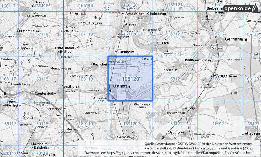 Übersichtskarte des KOSTRA-DWD-2020-Rasterfeldes Nr. 168120